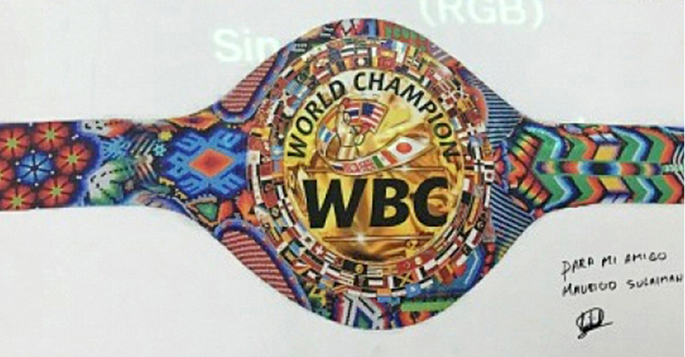 Obra huichol plasma “El camino de la vida”, cinturón que se entregará a “Canelo” o Chávez Jr.