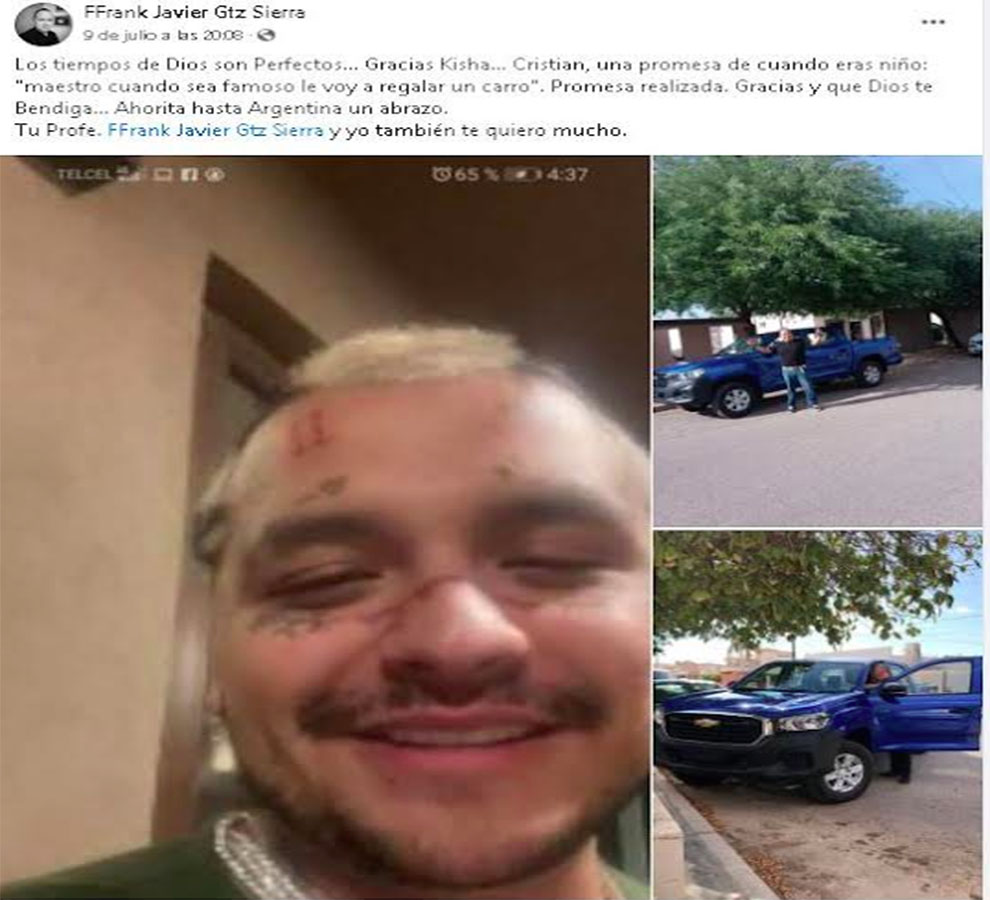 Nodal cumple promesa y regala camioneta a su profesor de primaria