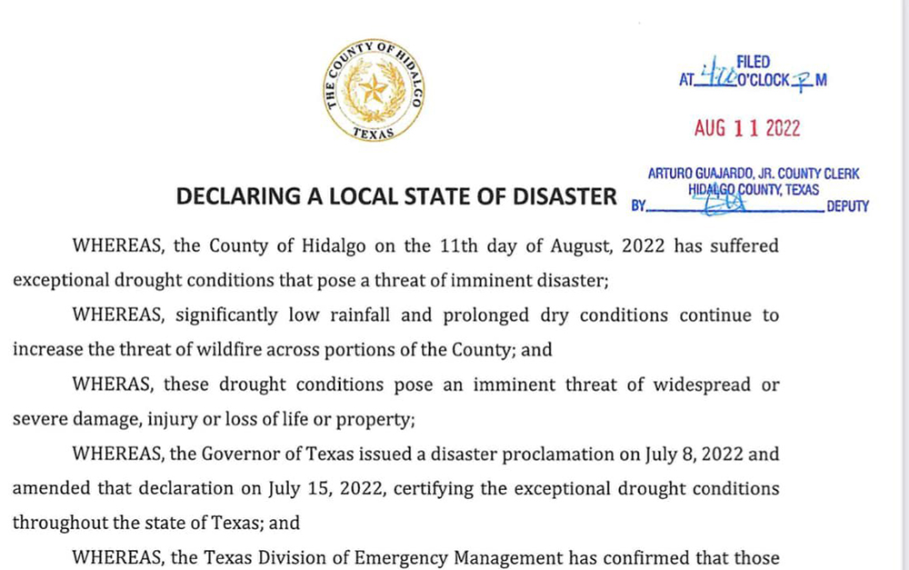 Juez de Hidalgo, Richard Cortez, firma declaración de desastre por sequía