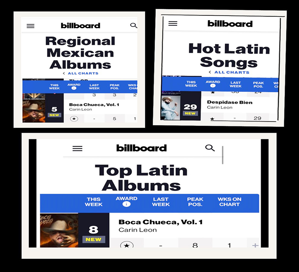 Carin León brilla al aparecer en los primeros sitios de charts de Billboard con “Boca chueca Vol. 1”