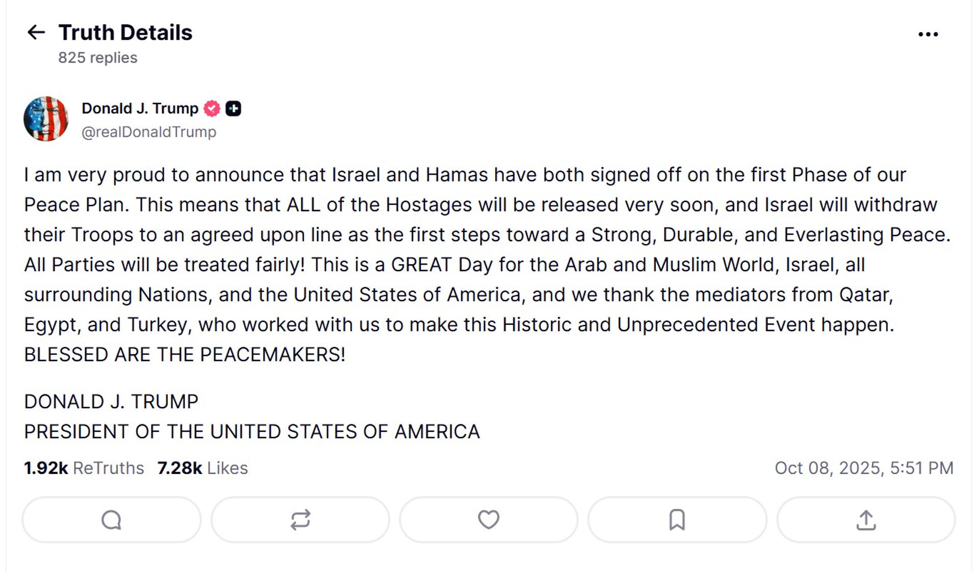 Trump anuncia que Israel y Hamás firmaron la primera fase del plan de paz en Gaza